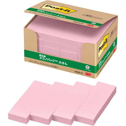 スリーエム ポストイット通常粘着製品エコノパック　ふせん ピンク 75mm×25mm 100枚×20パッド 5001-P ふせん 付箋 お得パック [ポストイット] 4901690023675（30セット） 42,900円