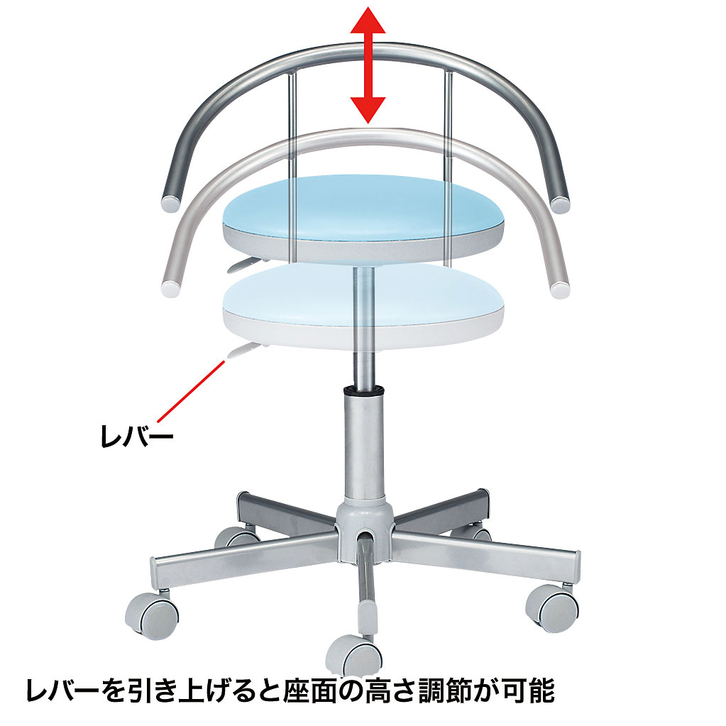 サンワサプライ　OAチェア　医療向けイス　スツール　ナースチェア　メディカルチェア　プルー色　 SNC-RD1VBL2　１脚　◆抗菌、耐アルコールレザー張り　ホワイト色　抗菌処理素材　◆上下昇降　◆ウレタン製静音キャスター　◆ノックダウンお客様組立商品