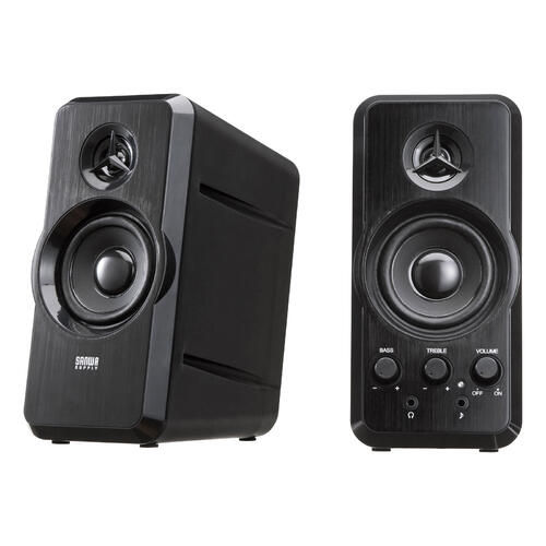 サンワサプライ マルチメディアスピーカー  MM-SPL6BKN １台 【 20W 】 【 2chマルチメディアスピーカー 】 【 高音再生専用ツィーター搭載 】 【 2.5インチのウーファーユニット搭載 】 【 BASS、TREBLE、ボリュームの調整可能 】