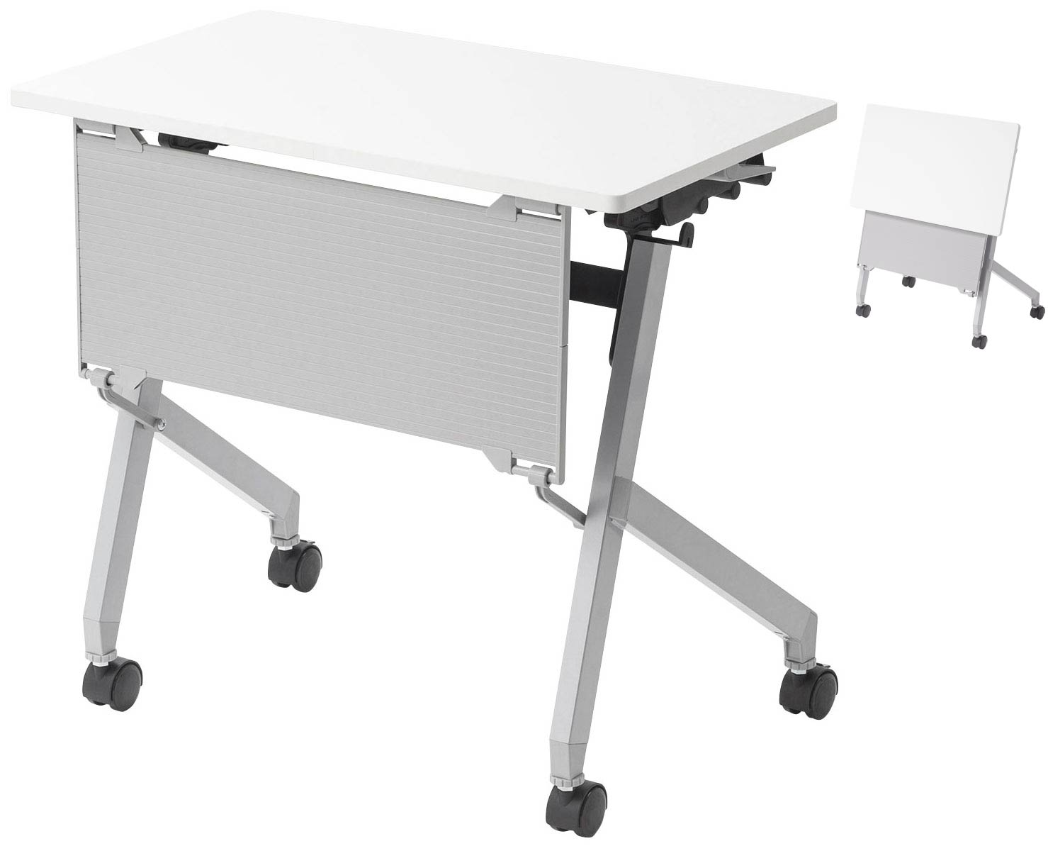 サンワサプライ フォールディングデスク ホワイト色 FLD-7545W １台 ◆W750×D468×H700mm ◆レバー操作式 折りたたみ 平行スタッキング可能 ◆幕板付き 中棚付属 左右に便利なフック付き ◆キャスター付き ◆お客様組立商品  会議デスク セミナーデスク などに
