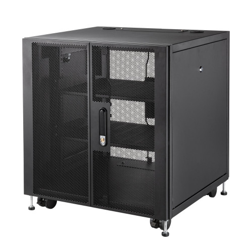 サンワサプライ 小型19インチマウントボックス 12U D600 CP-SVCBOX6BK 1台 ◆鍵付き ◆棚板2枚付き ◆キャスター、アジャスター、ケージナット・ネジ付き ◆ブラック色 ◆ノックダウン組立式|オフィス主任