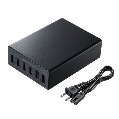 【 日本メーカー製コンデンサ搭載 】 サンワサプライ　USB充電器　ACA-IP67BK　◆6ポート・合計12A・ブラック　◆絶縁キャップ付　◆USB A×6　◆1ポート最大2A　◆合計12A　◆全ポートでのタブレット同時充電に対応　◆ポートを気にせず容量の大きい機器が充電可能