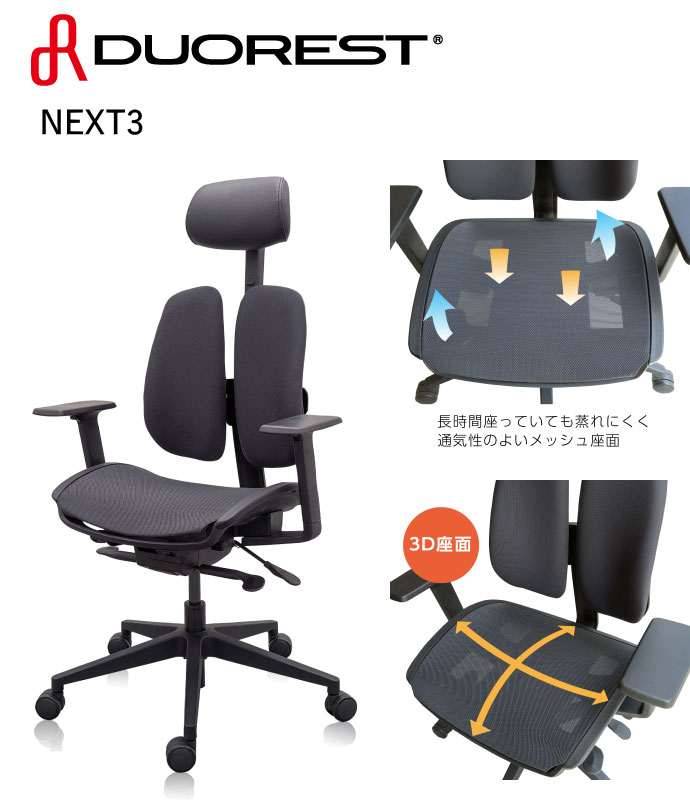 デュオレストチェア[DUOREST] NEXT続きもの NEXT3 BLACK(ヘッドレスト有)  1脚 黒いこと色 モビール肘付 裏上下働き掛ける調節する セルフチルトリクライニング 屁っ放り圧上下昇降 脂脚 取り引き先精神的な統合 腰への厄介なものを楽にする 事務室,SOHO,在宅仕え奉る,テレワーク向け
