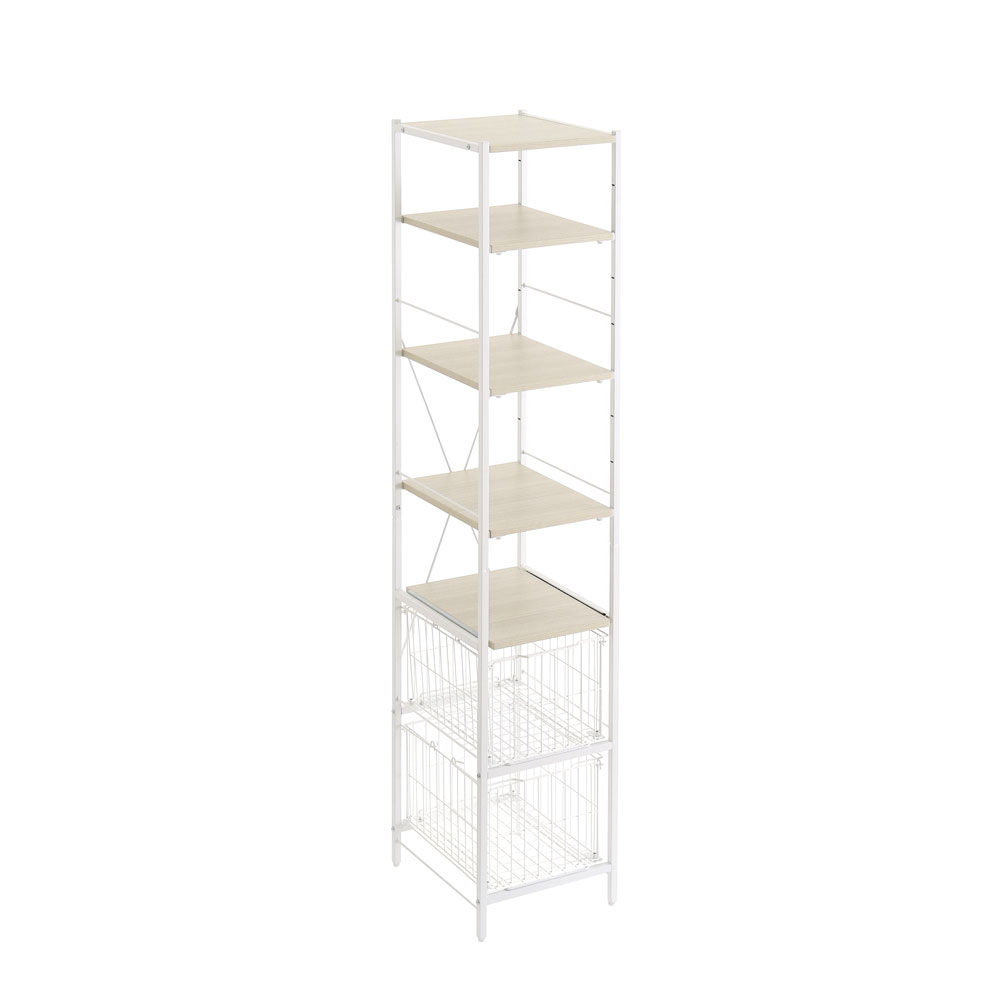 さわやかな 調節可能カゴ付きキッチンラック ハイタイプ　ホワイトオーク 色　１台　◆隙間収納家具　◆シンプルで無駄のない、直線的なフレーム設計のキッチン収納ラック！　◆視界を遮らないオープンフレームで、圧迫感を与えません！　◆お客様組立商品｜オフィス主任
