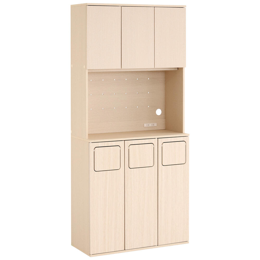 さわやかなごみ箱一体型食器棚　ごみ箱3つタイプ　ホワイトウォッシュ色　１台　◆(約) W80xD35xH177.5cm　◆北欧テイストのごみ箱が一体型になった食器棚　◆キッチン周りの収納や家電、ゴミ箱のスペースをこれ一台で有効活用　◆45L用ごみ袋まで可能　◆お客様組立商品