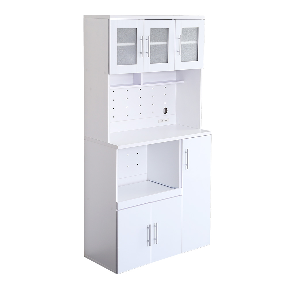 鏡面食器棚　ホワイト色　１台　◆幅90cm　◆ハイグロスPVC仕上げ　◆1500W ２口コンセント　◆可動棚　◆スライドトレー　◆食器は勿論、レンジや家電も一緒に収納可能　◆お客様組立商品