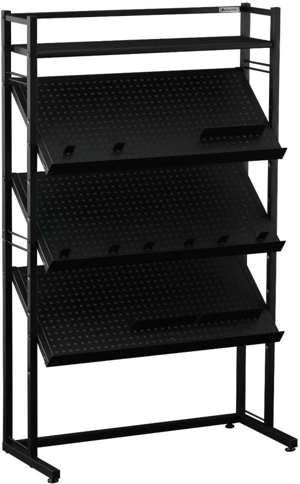 楽天市場 Bauhutte R ゲーム機ディスプレイラック Bhs 800g Bk 幅805 奥行335 高さ1305mm ブラック ストッパー付き傾斜棚 3段 最上段棚フラット天板 ハンギングバー パンチング加工 大容量 フック 小 8 フック 大 3付き アジャスター付 お客様組立 キャスターなし