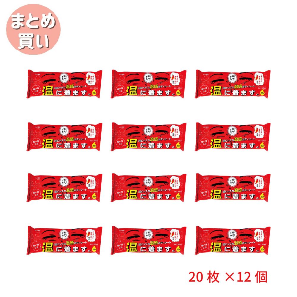 【ケース販売】超大判温感ボディタオル 寒い日には温に着ます。 20枚入×12個 温感ボディシート 厚手 全身ふける 災害対策 防災