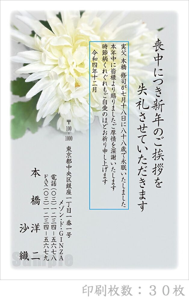 全90柄 23年度版 喪中はがき印刷 30枚 普通郵便はがき 特選デザイン 胡蝶蘭 30