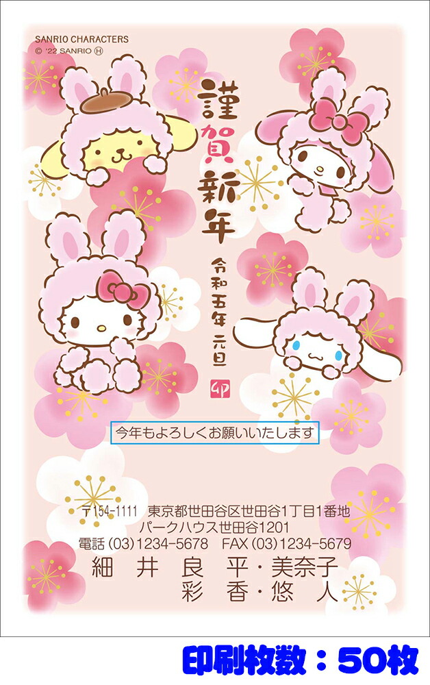 送料無料 年賀状印刷 サンリオ年賀状 50枚年賀状 年賀はがき 年賀 はがき 印刷 差出人印刷 お年玉付き お年玉 付き 令和5年 23年 23 卯年 卯 兎年 兎 うさぎ キティ キティちゃん ハローキティ マイメロ マイメロディ マイメロちゃん 50枚 きんぐる 23年用