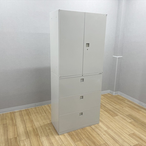 【中古】 オカムラ スチールキャビネット 3段ラテラル 両開き 上下セット レクトライン W900 H2150 グレー