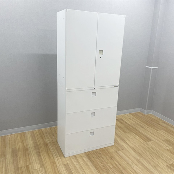 【中古】 オカムラ 書庫 3段ラテラル両開き 上下セット レクトライン ネオホワイト｜オフィス家具の店 PORTE（ポルテ）