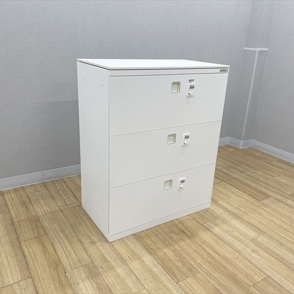 【中古】ラテラルキャビネット 3段 レクトライン ダイヤル式 セパレートロック 天板付 スチール書庫 オカムラ ホワイト｜オフィス家具の店 PORTE（ポルテ）