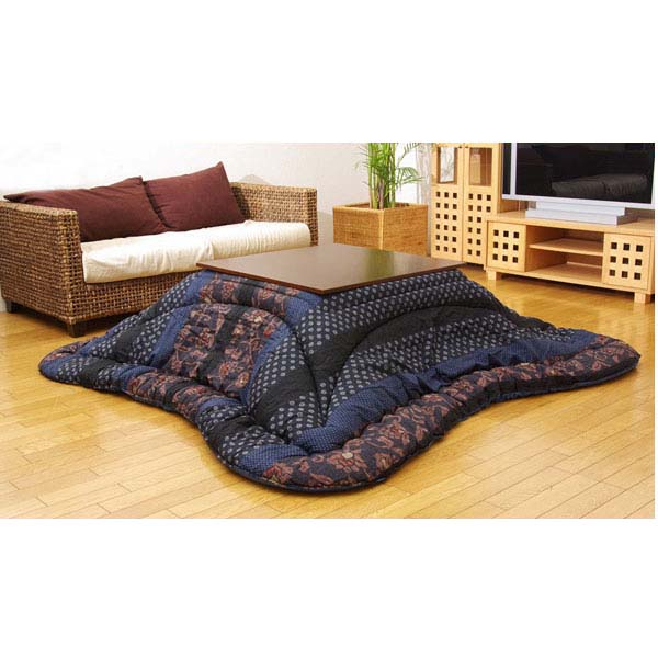 国内プリント こたつ厚掛け布団単品 (万葉) ブルー 『205&times;245cm』『代引不可』『送料無料（一部地域除く）』｜オフィストラスト