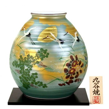 (代引き不可)(同梱不可) 日本製 伝統工芸 九谷焼 勇峰作 8号花瓶 金箔秋月文 N175-06 九谷焼の花瓶|オフィス ユー