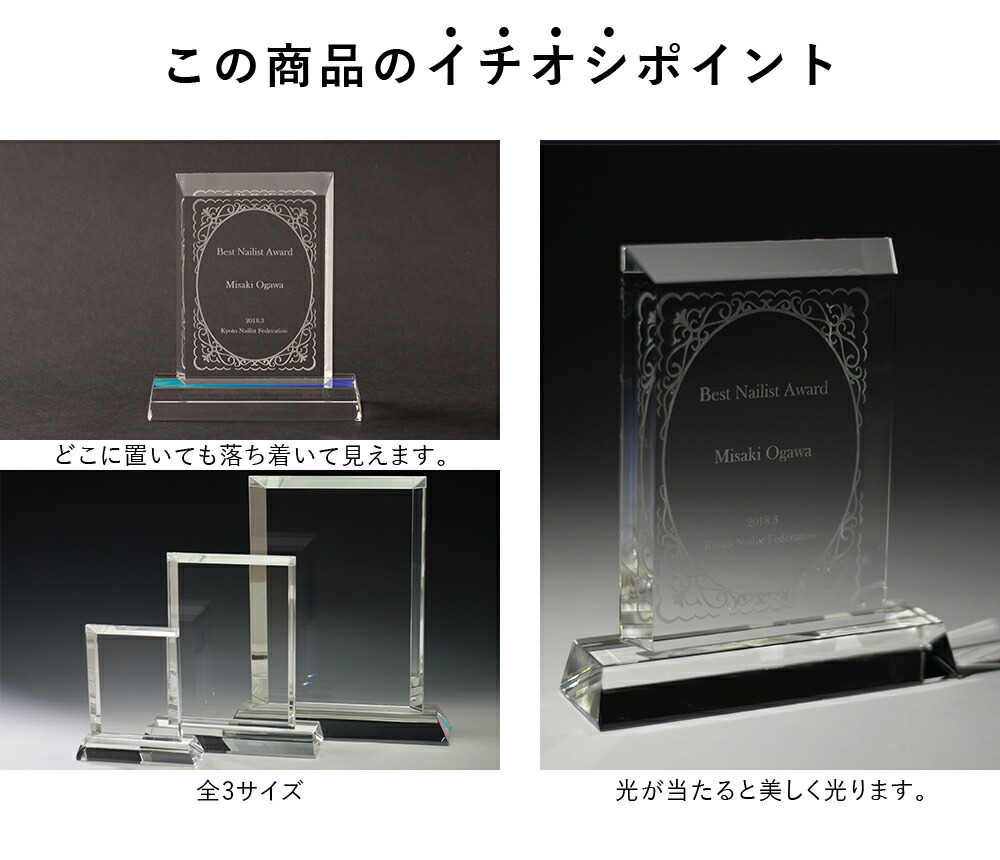 Mサイズ トロフィー クリスタル 記念品 加工費込 ガラス 表彰楯 クリスタル楯 名入れ 表彰状 OGS-015（M）サイズ パーティー・イベント用品 