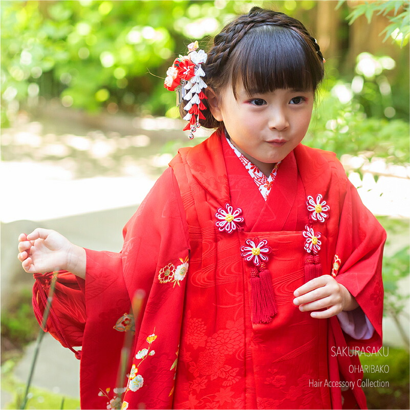 三歳用 髪飾り さくら咲く両飾りパッチンセット 髪飾り 桜 桜 七五三 髪飾り 七五三 Sakura 七五三 髪飾り日本製 職人 和服 三歳 日本髪 パッチン つまみ細工 3歳 おはりばこオリジナル 七五三用つまみ細工の髪飾り三才用羽二重パッチン 送料無料 かんざし