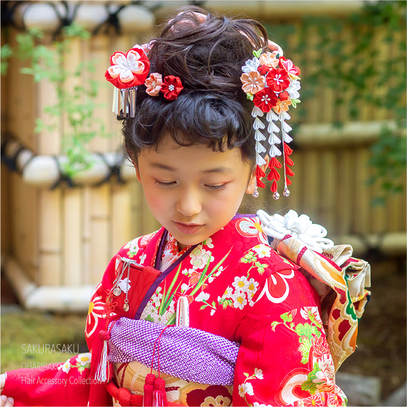 七歳用 七五三 髪飾り さくら咲くかんざしセット かわいい 七五三髪飾り 卒業式 七歳 浴衣 日本髪 桜 Sakura かわいい 7才 十三参り 日本製 正絹 送料無料 かんざし 小間物 おはりばこ七五三 十三参りに つまみ細工の髪飾り七才用かんざし