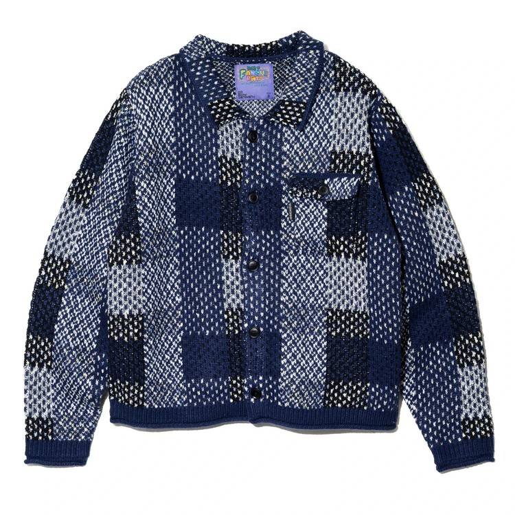 【 go slow caravan / CRAZY MIX KNIT SHIRT JACKET / NAVY 】ゴースローキャラバン アウター ジャケット ブルゾン ニット チェック ネイビー 紺 アウトドア|OHCA clothing 店