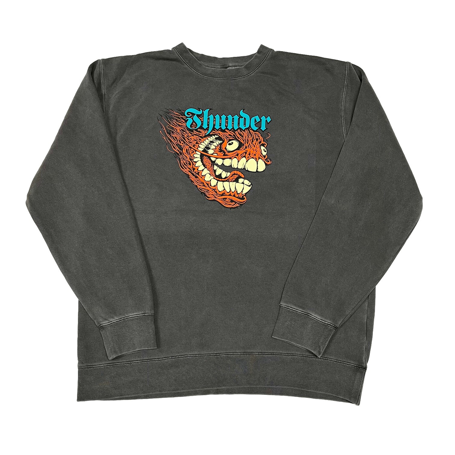【 THUNDER / SCREAMING GRIMPLE CREW SWEAT / PIGMENT BLACK 】  サンダー 汗水 調教師 労働者の一団のど首 GRIMPLESTIX 絵の具 ウォッシュ産業 黒いこと 黒 滑るゲーム盤