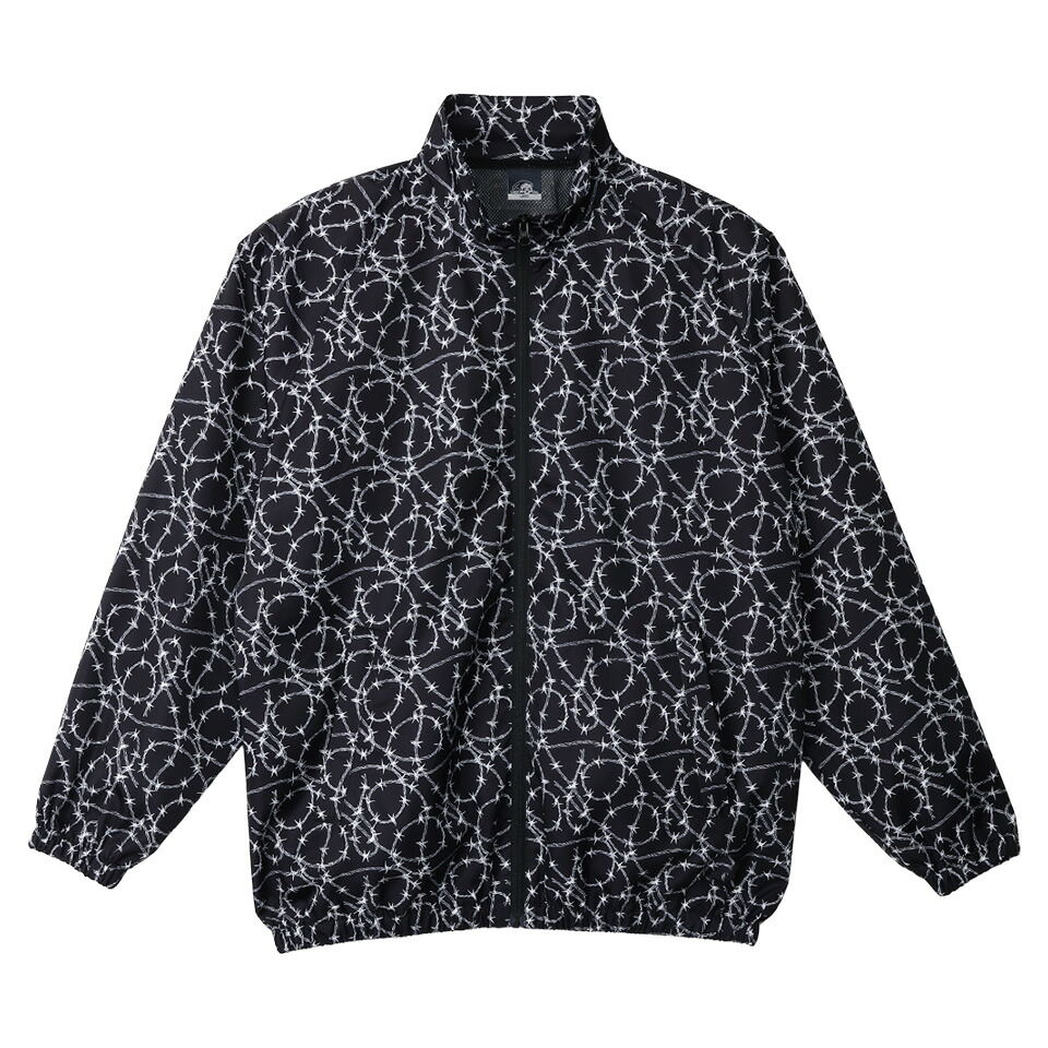 【 LURKING CLASS / BARBED WIRE ZIP JACKET / BLACK 】 ラーキングクラス アウター ブルゾン ジャケット ウィンドブレーカー ラグラン スリーブ 有刺鉄線 総柄 ブラック 黒|OHCA clothing 店