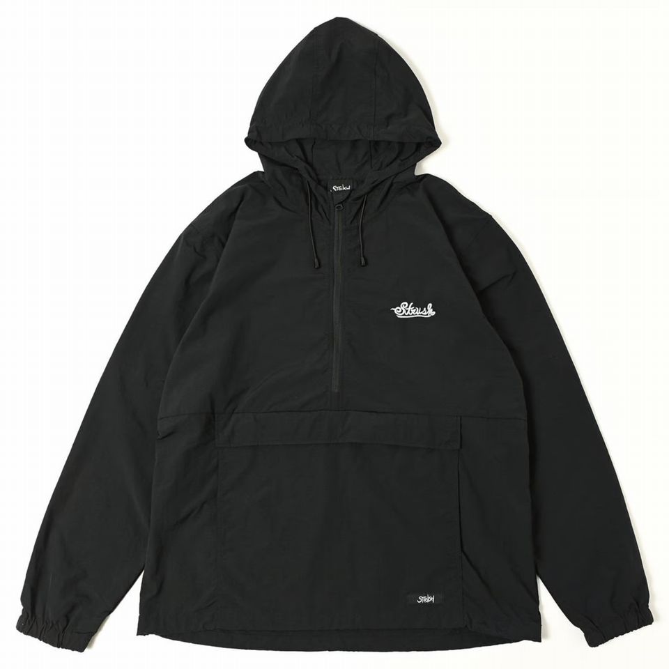 【 STRUSH / SIGNATURE EMB  ANORAQ JACKET / BLACK 】 同盟罷工混雑時 上衣 パーカ ナイロン パーカー スケボー 滑るゲーム盤 黒いこと 黒 貨物輸送無料