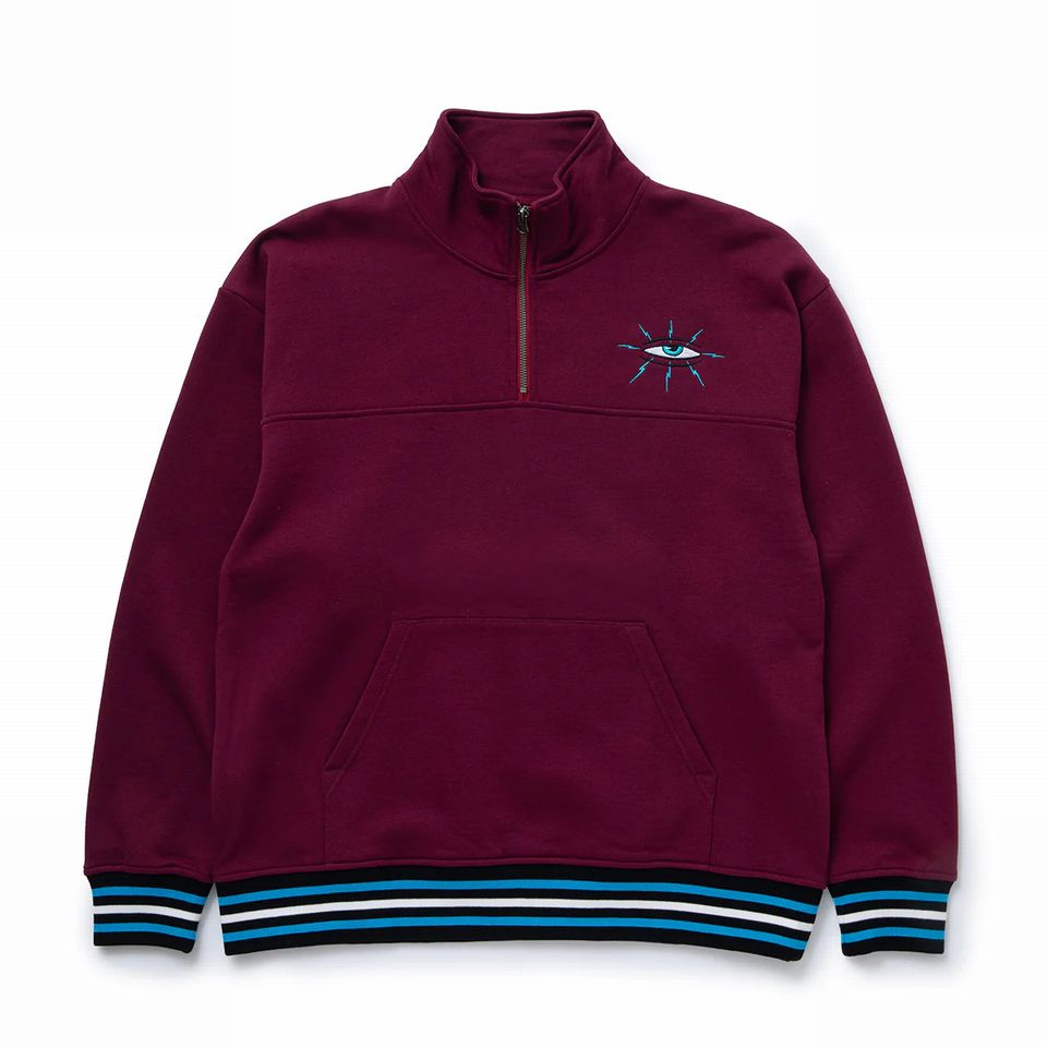 【 TOY MACHINE / LIGHTNING EYE RIB LINE SWEAT HALF ZIP / BURGUNDY 】 トイマシーン 汗水 調教師 ハーフジップ バーガンディ ぶどう酒赤いこと