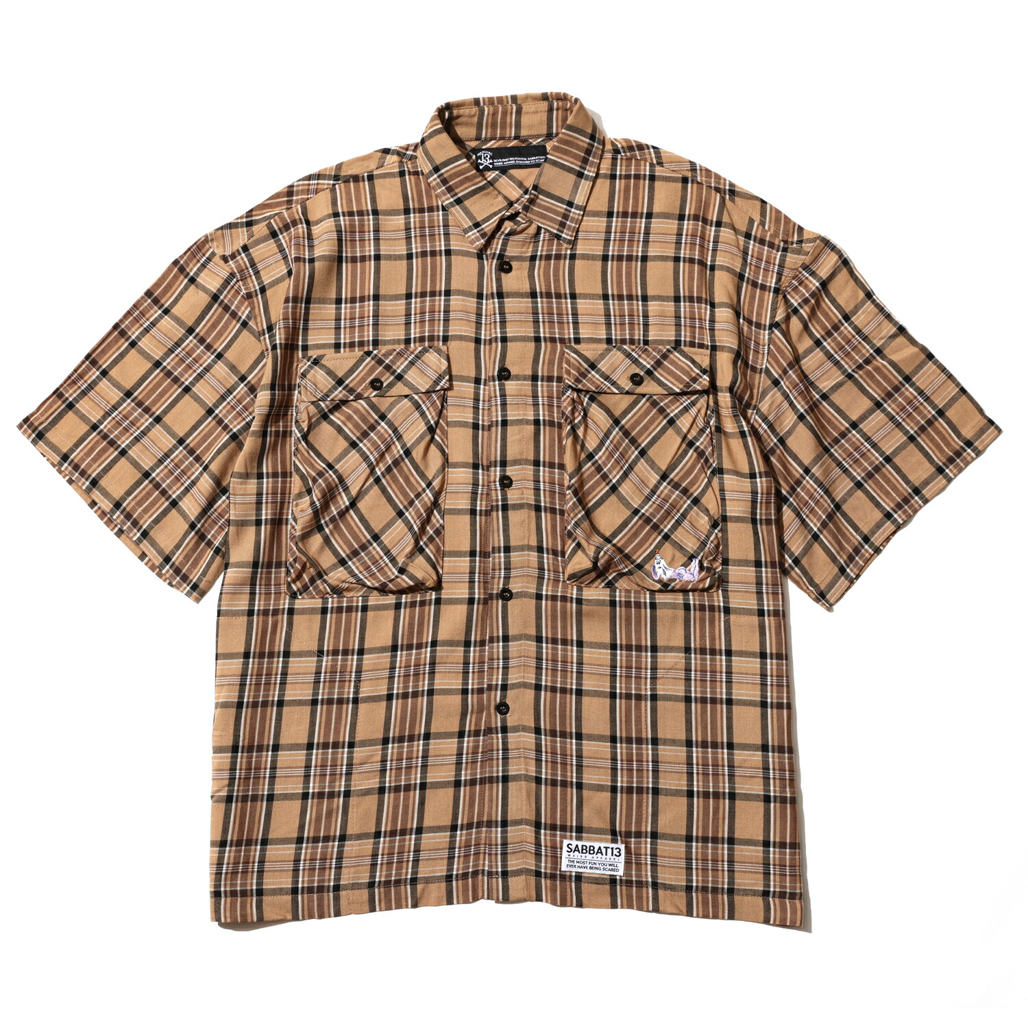 【 SABBAT13 / SPOOKY GIRL CHECK S/S SHIRTS / BEIGE 】　サバトサーティーン　サバト13　サバト　チェック シャツ　半袖シャツ ベージュ｜OHCA clothing　店