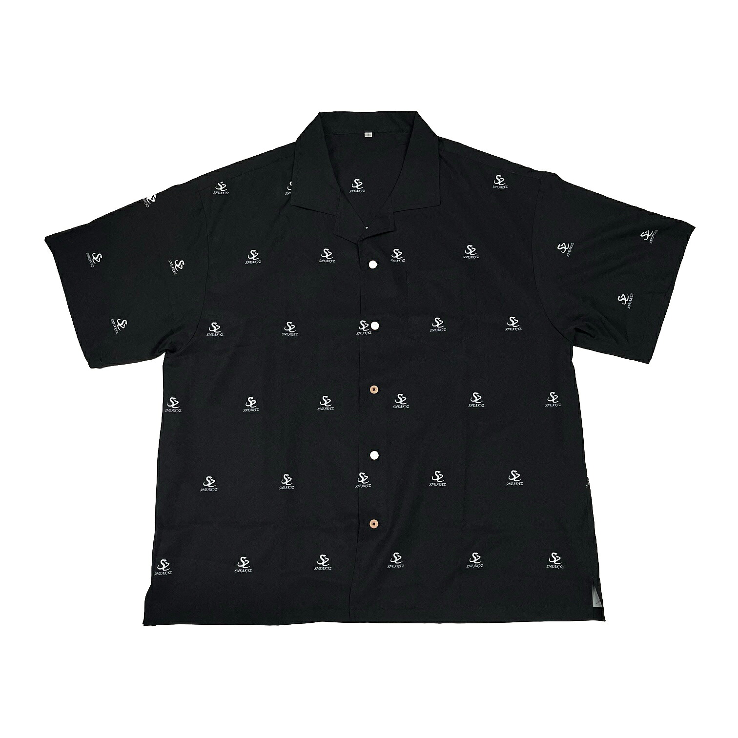 【 SNEAKYZ / ORIGINAL PATTERN S/S SHIRT / BLACK 】 スニーキーズ 半袖 シャツ ブラック 黒 総柄 オープンカラー スノーボード スケートボード｜OHCA clothing　店