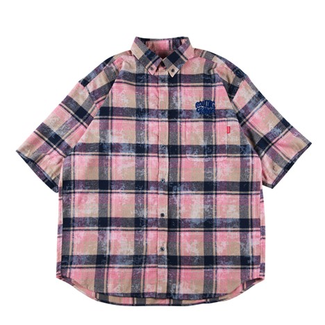 【 ROLLING CRADLE / BLEACH CHECK SHIRT / PINK 】ローリングクレイドル ロリクレ 半袖 シャツ チェック ブリーチ ピンクブランドシャツ チェックシャツ メンズブランド チェック柄シャツ メンズ ストリートブランド 半袖シャツ ストリート系 ブリーチ加工｜OHCA clothing　店