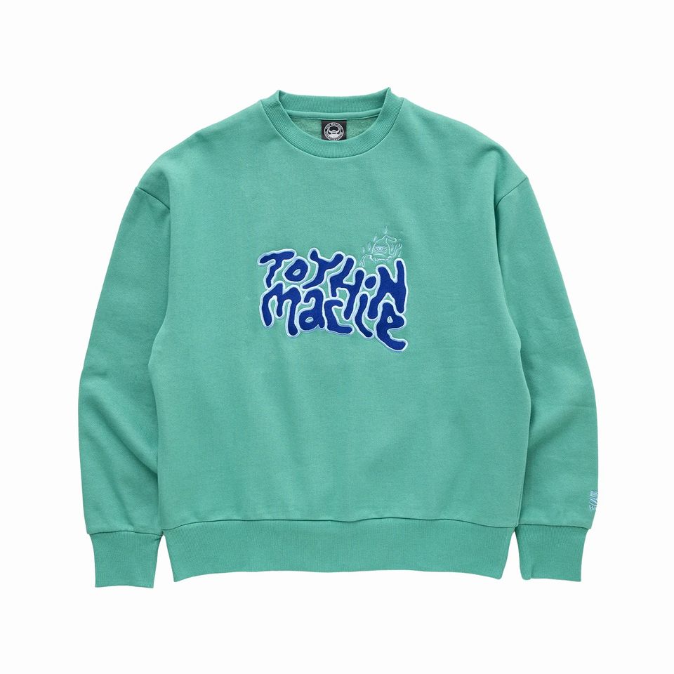【 TOY MACHINE / TOYSECT BIG EMB SWEAT CREW / GREEN 】  トイマシーン 汗水 調教師 労働者の一団のど首 刺しゅう 緑であること 緑 くすみ スケボー 滑るゲーム盤