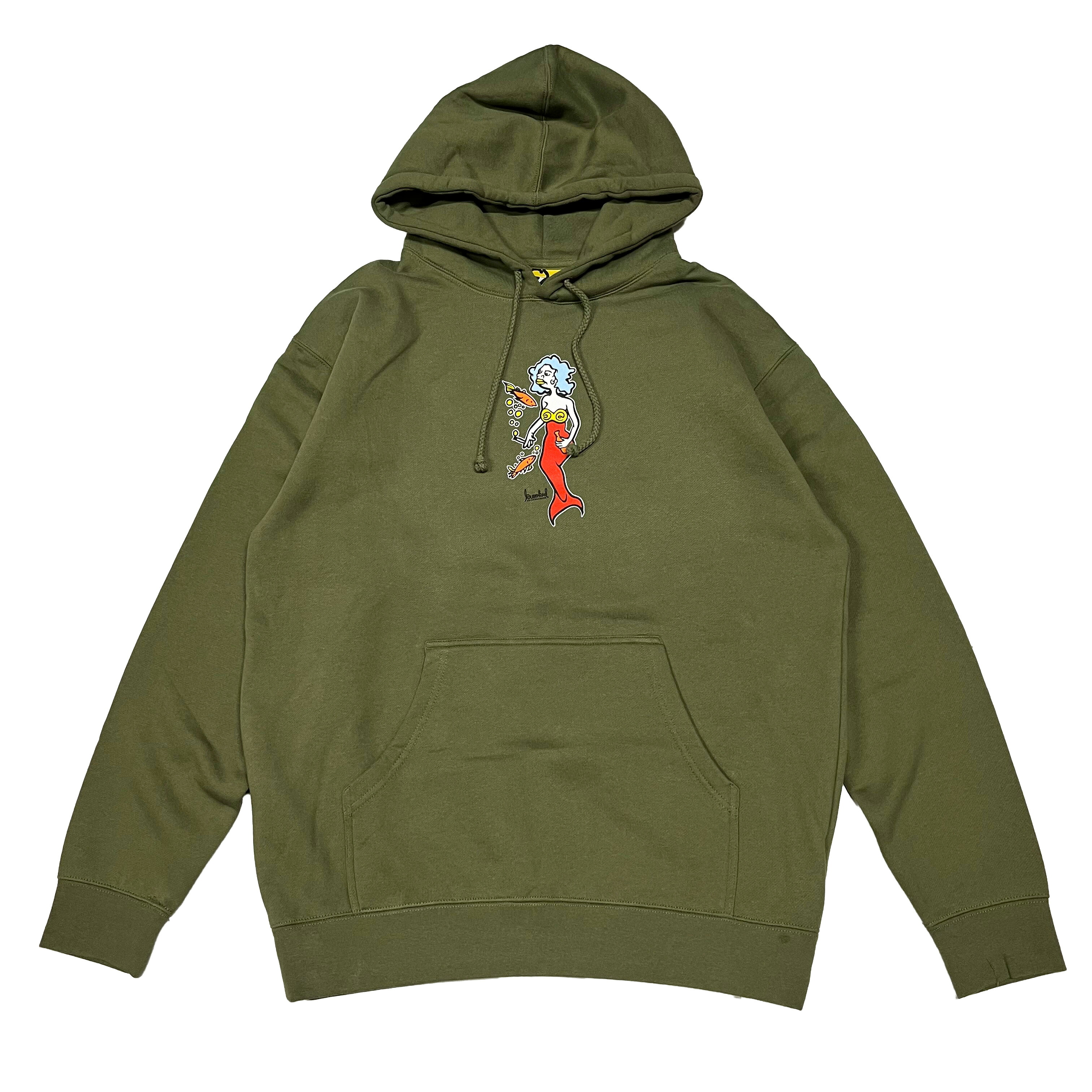 【 KROOKED / MERMAID HOODIE / ARMY 】 クルキッド スウェット パーカー フーディ グリーン 緑 スケートボード｜OHCA clothing　店