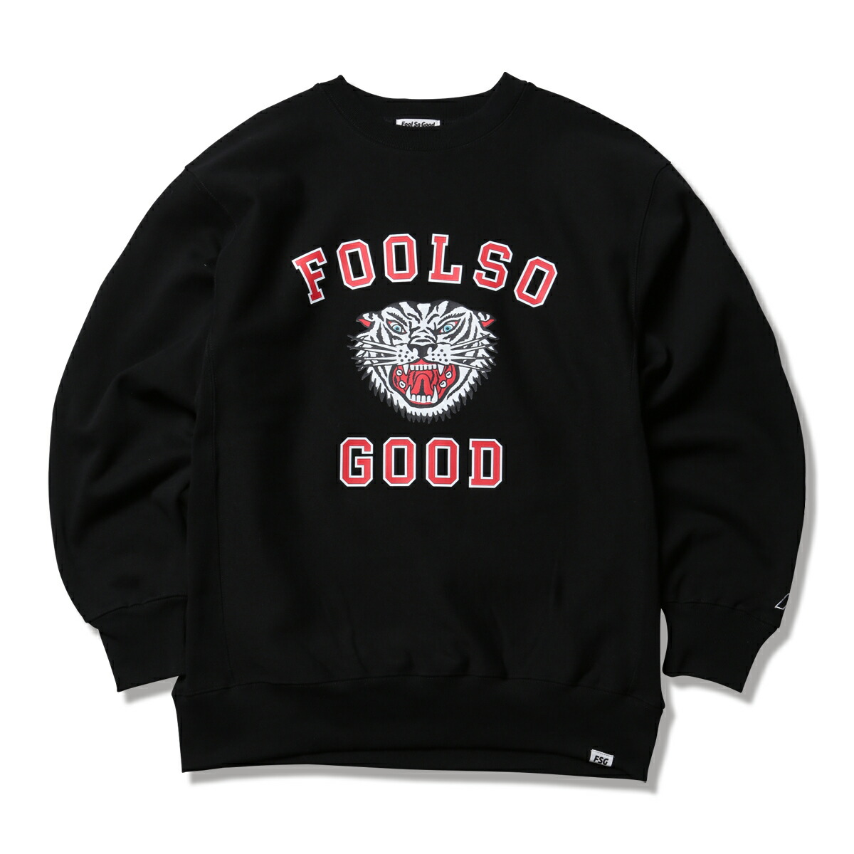 【 FOOL SO GOOD / WHITE TIGER CREW SWEAT / BLACK 】 フールソーグッド 流汗 調教師 労働者の一団素っ首 サイドリブ 甚だしい薬局衡オンス 黒いこと 黒