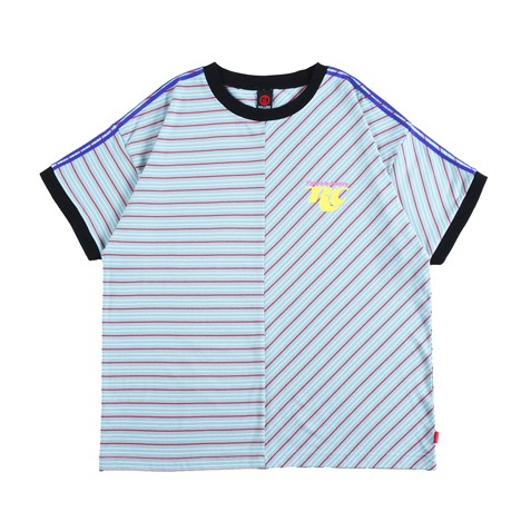 【 ROLLING CRADLE / MISMATCHED BORDER TEE / BLUE 】ローリングクレイドル 半袖 間借り人 ティーシャツ うつり変わり ともし火青色 水色 メンズファッション-Tシャツ・カットソー