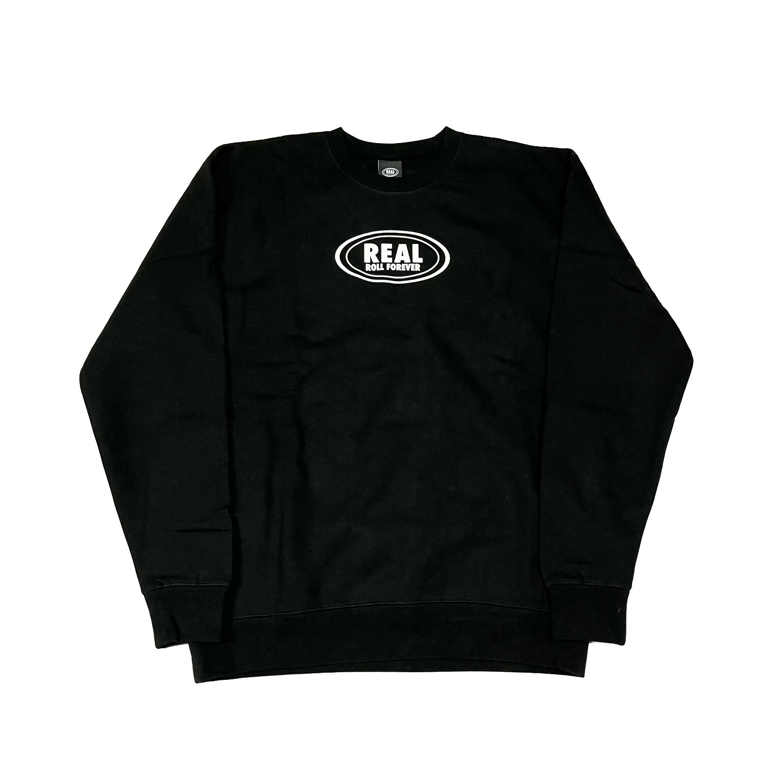 【 REAL / ROLL FOREVER CREW SWEAT / BLACK 】   本当の 流汗 調教師 労働者の一団素っ首 黒いこと 黒 滑るゲーム盤