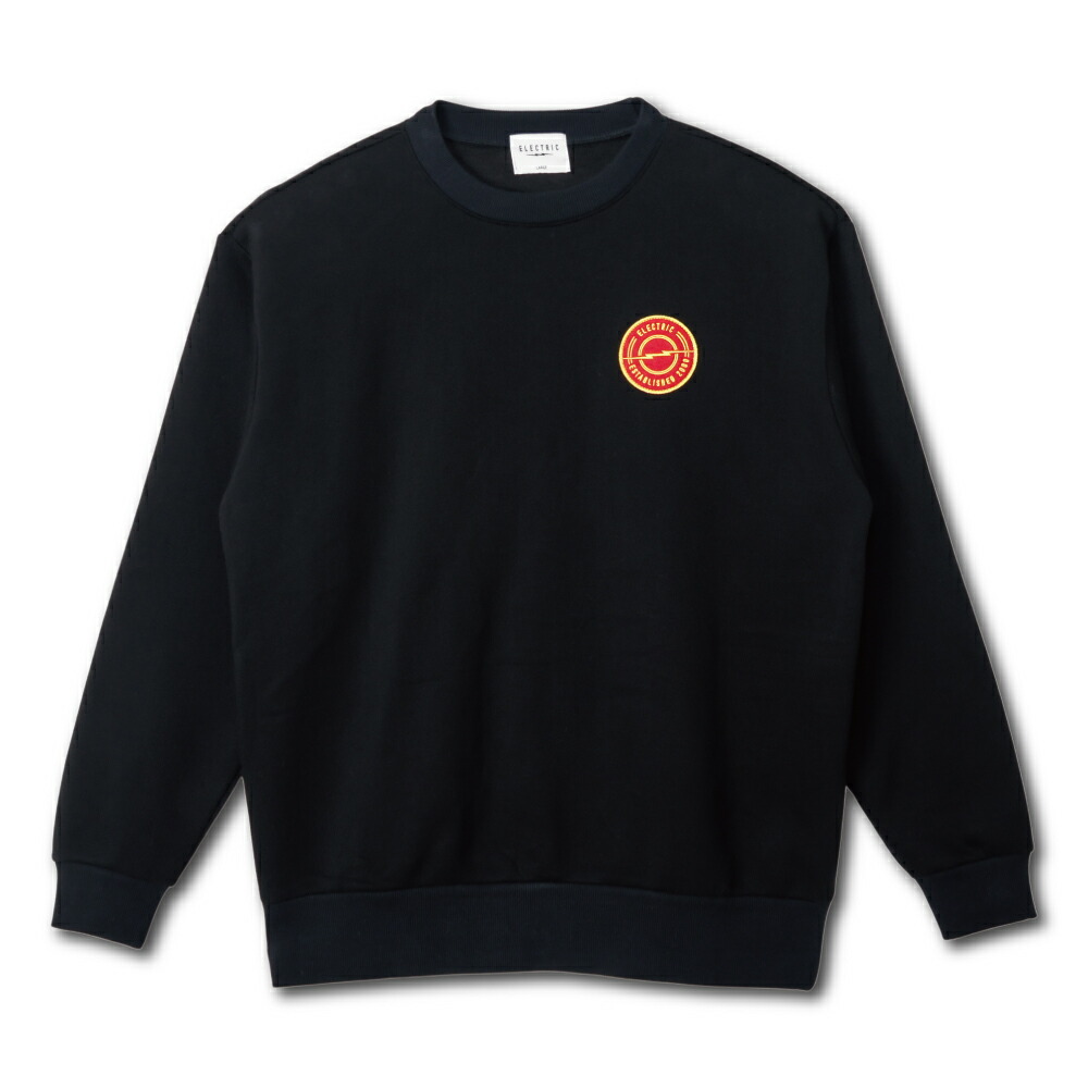 【 ELECTRIC / STRIKE PATCH CREW / BLACK 】エレクトリック スウェット トレーナー クルーネック ビッグシルエット ブラック 黒 スノボ スノーボード スケートボード スケボー サーフィン ゴルフ フィッシング アパレル メンズスエット メンズトレーナー ブランド｜OHCA clothing　店