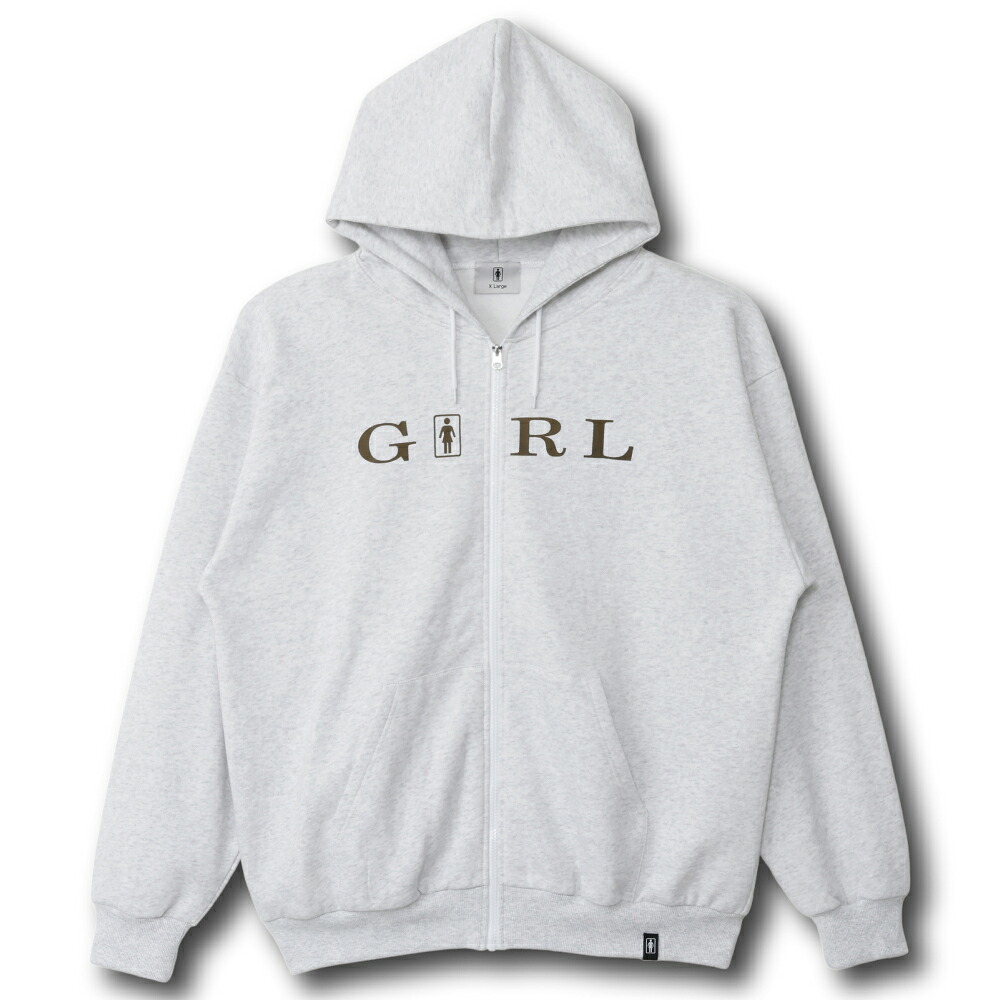【 GIRL / SERIF FULL - ZIP HOOD / ASH 】 ガール フーディ パーカー スウェット ジップアップ フルジップ 裏起毛 アッシュ グレー 灰 スケボー スケートボード｜OHCA clothing　店