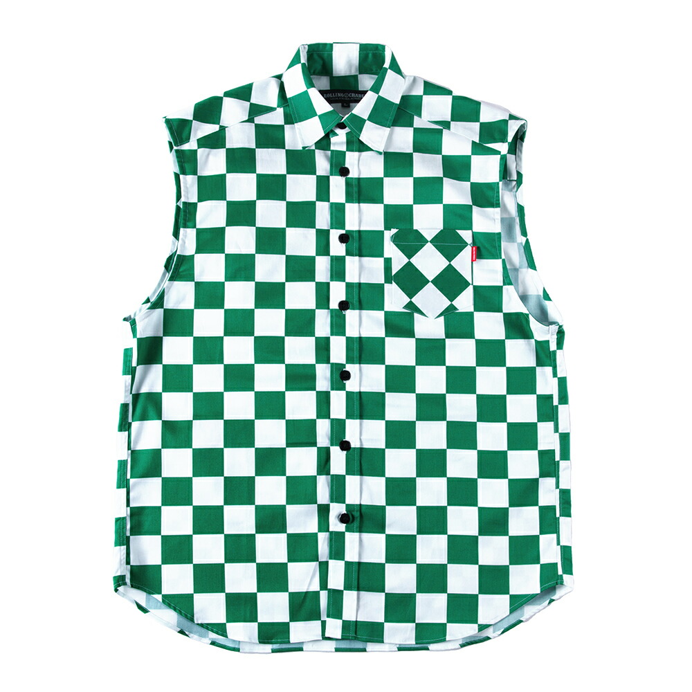 【 ROLLING CRADLE / SLEEVELESS CHECKER SHIRT / GREEN 】 ローリングクレイドル　ロリクレ　ノースリーブ　チェックシャツ　ベスト　チェッカー　ホワイト　白　グリーン　緑　送料無料｜OHCA clothing　店