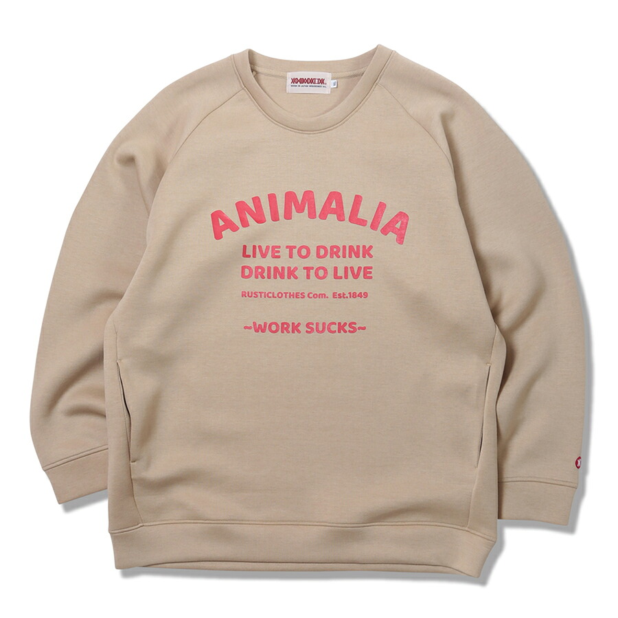 【 ANIMALIA / POLYGIENE® CREW NECK - Work Sucks - / KAHKI 】 アニマリア クルーネック トレーナー スウェット ポリジン ダンボールニット カーキ ベージュ 送料無料|OHCA clothing 店