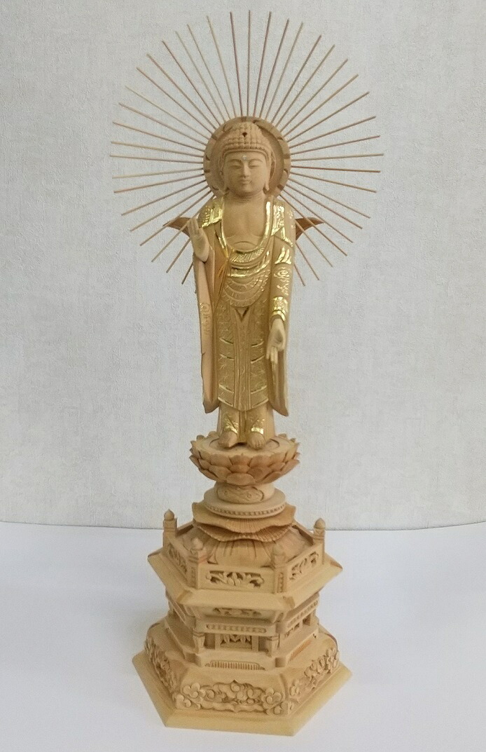 在庫限り【仏像】【木製】白木 東立弥陀六角台 仏切金 5.0|大垣美正堂 店