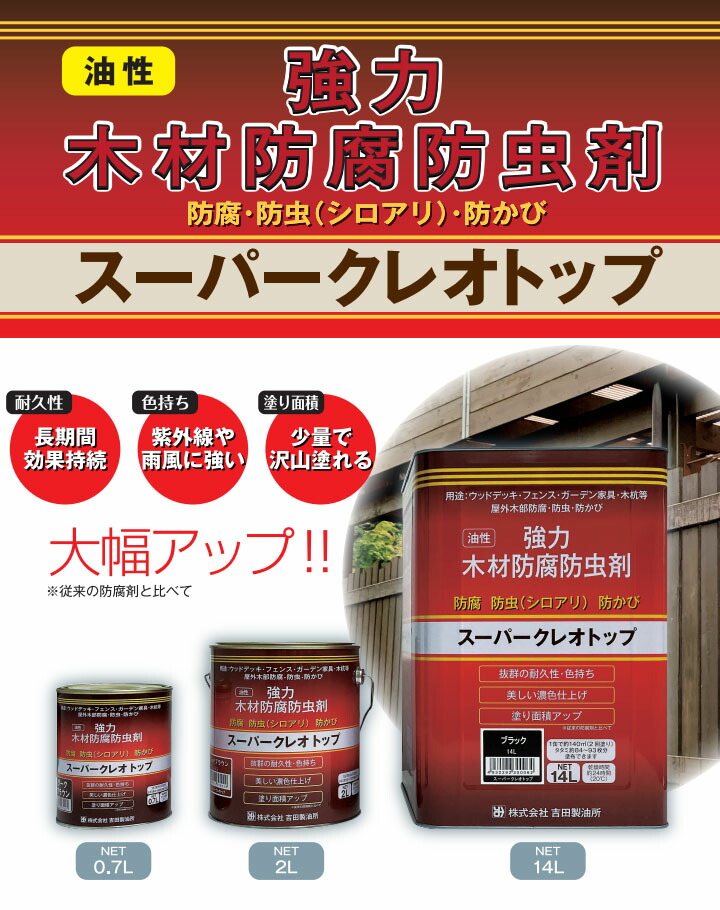 早割クーポン！ スーパークレオトップ 14L 約140平米 2回塗り 防腐 防虫 防かび 油性 屋外木部 ウッドデッキ フェンス ガーデン家具 塗料  吉田製油所 techwyse.com