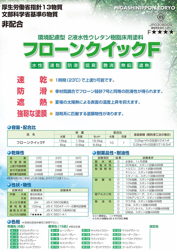 11,000円以上お買い上げで送料無料！ DIY·工具】 常備色  溶剤系に匹敵する優れた塗膜物性と高い遮熱性能によってヒートアイランド現象を抑える2液水性遮熱防塵塗料です。 フローンクイックF(防滑材既調合) 常備色  塗装用品 艶消し 16.5kgセット 東日本塗料/コンクリート床 ...