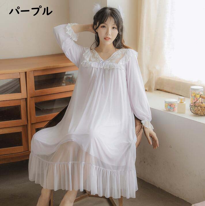 送料無料 ネグリジェ レディース パジャマ 可愛い 姫系ネグリジェ ワンピース ロング 長袖 ルームウェア 部屋着 レースパジャマ ナイトウェア 夏用 婦人服 きれいめ 寝巻き ランジェリー 薄手 寝間着 体型カバー 快適パジャマ 女性パジャマ プレゼント Sermus Es