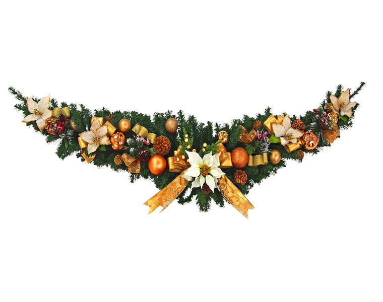 クリスマスガーランド180cmゴールド 片面 大きい 大きめ 特大 北欧 ナチュラル 手作り 金 上品 高級 豪華 おしゃれ 飾り 装飾 壁 ディスプレイ 花 国内生産 格安激安 ポインセチア 天然素材 壁掛け 背景 ショップ スワッグ 松かさ パーティー インテリア 業務用 店舗 造花