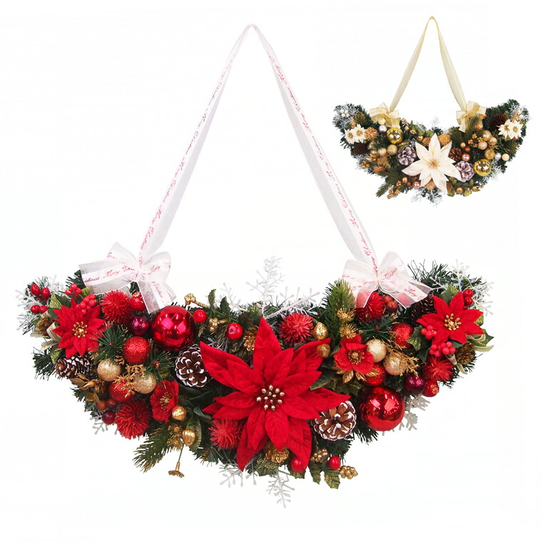 クリスマスリース レッド＆ゴールド 三日月 クレセントリース 三日月リース 玄関 部屋 北欧 ナチュラル 上品 高級 豪華 迫力 おしゃれ 飾り 飾り付け ドア 壁掛け 天然素材 花 造花 デコレーション 国産