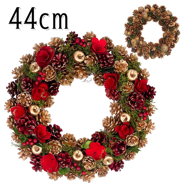 クリスマスリース3Lサイズ ナチュラルリース レッド ゴールド 玄関 ドア 大きい 特大 おしゃれ 手作り 北欧 モダン シック キラキラ ラメ 屋内 屋外 ナチュラル 上品 豪華 飾り 店舗 装飾 かわいい ドア 壁掛け 天然造花 ギフト