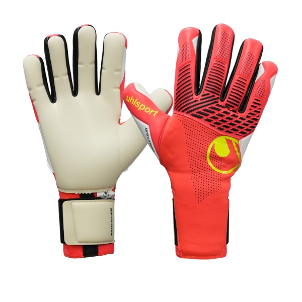 ウールシュポルト uhlsport ファングマシーネ ZNE アブソルートグリップ ハーフネガティブ キーパーグローブ 1011415-01(フローレッド×ホワイト×フローイエロー)|オオミヤスポーツ 店