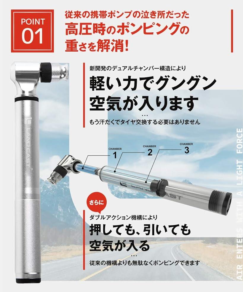 landcast 自転車 空気入れ 仏式 米式 携帯ポンプ ロードバイク クロスバイクに軽い力で高圧まで空気が入る