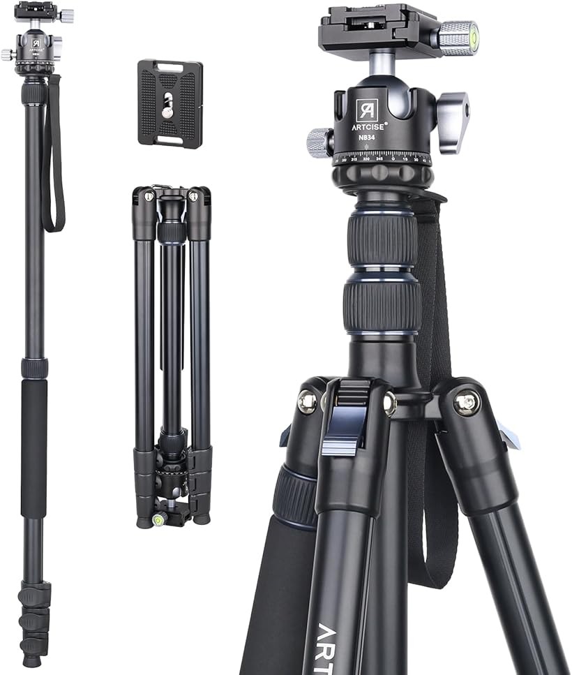 軽量 アルミ カメラ 三脚+34mmボール低重心雲台キット 200cm最大高さ コンパクト レバーロック式 トラベル撮影三脚 一脚可変 アルカスイス クイックシュー DSLR/一眼レフ/デジタル/スマホ 最大荷重15キロ 9,344円