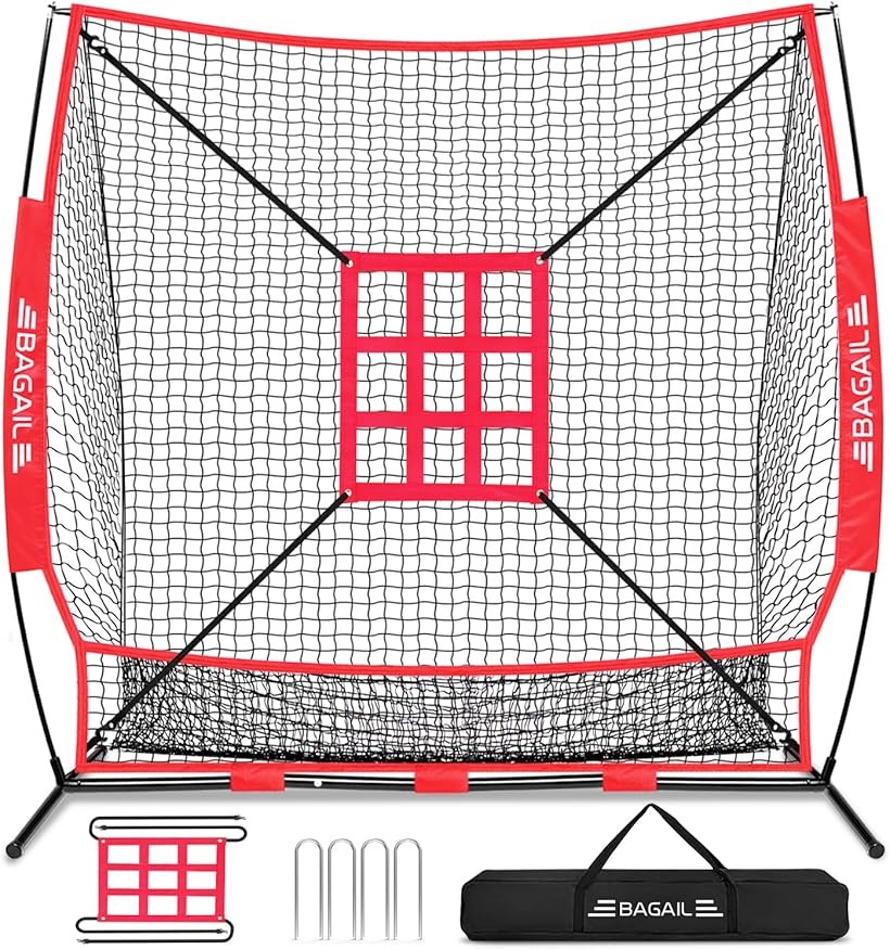 BAGIL野球ネット ベースボールネット 練習用 バッティングネット ピッチングネット スチール製 野球器具 硬式/軟式対応 打撃 投球 防球ネット ソフトボール練習ネット トレーニング 組み立て簡単 (レッド, 212x212x108)